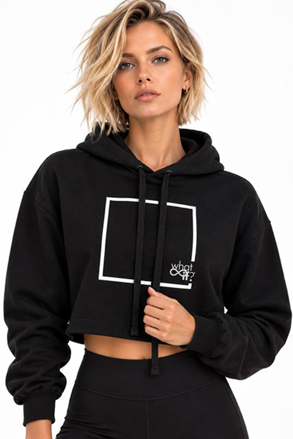 Black cropped fleece hoodie worn by a model, front view against a white background