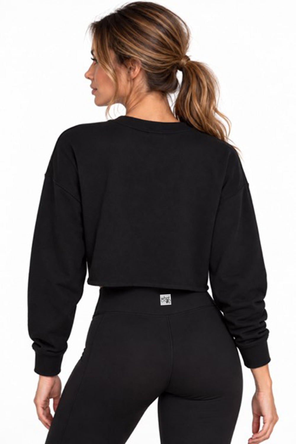 Black cropped crewneck fleece sweatshirt worn by a model, back view against a white background