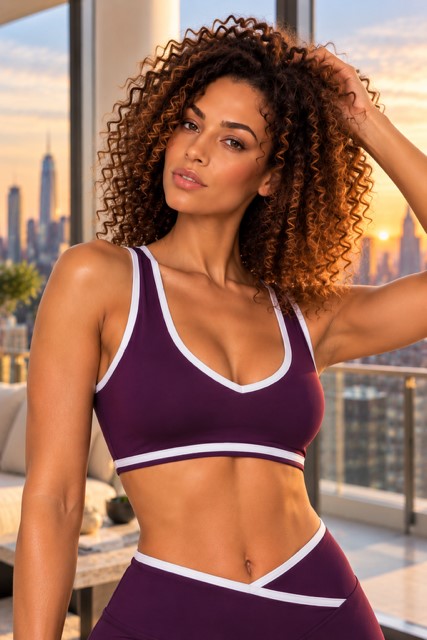 Purple sports bra with white trim worn by a model, front view